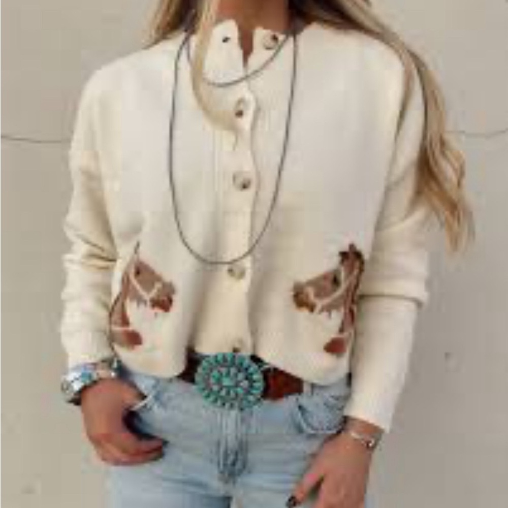 Western Rodeo Horse Knit Button Front Cardigan Sweater Top Yellowstone - Picture 6 of 6